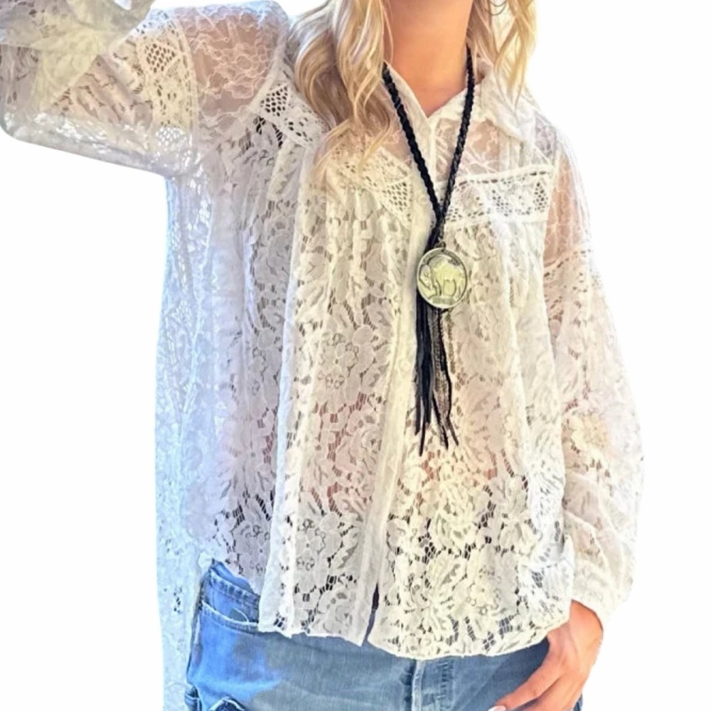 Jaded Gypsy "Floral Medley" Lace Long Sleeve Blouse Parchment White S/M